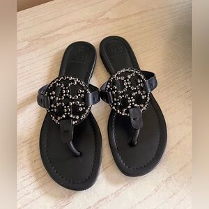 Tory Burch Black Embellished Soft Step Miller Sandals